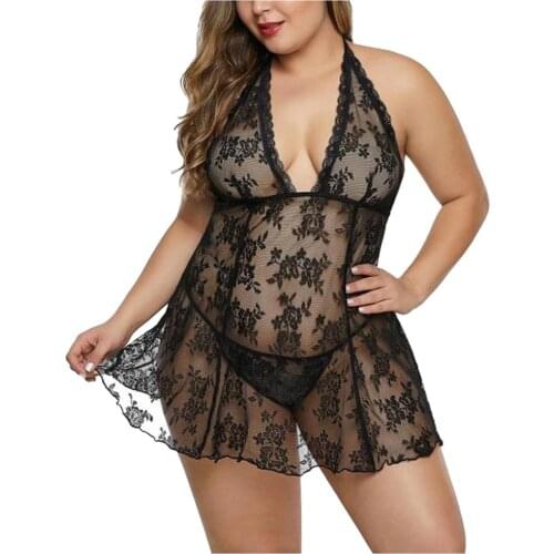Plus Size 2XL Sexy Nightdress Women Camisola Lace See Through Sexy Night Dress Summer Nightgowns Halter Nightie Sleepwear Sets