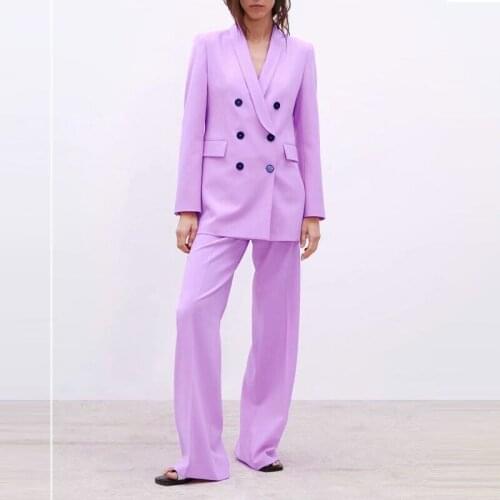 Wenfly Women Two Piece Set Suit Double Breasted Blazer Outerwear High Waist Straight Wide Leg Trousers England Office Outfits