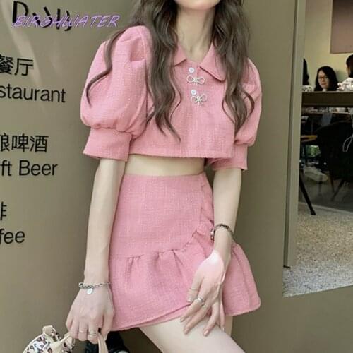 Womans Suit Polo Collar Puff Sleeve Short Top + Ruffle Mini Skirt Suits Two-piece Set Summer 2021 Womans clothes Elegant Sets