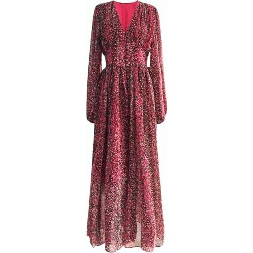 PERHAPS U Women Chiffon V Neck Floral Print Puff Sleeve Long Sleeve Button Empire Long Holiday Dress D2281