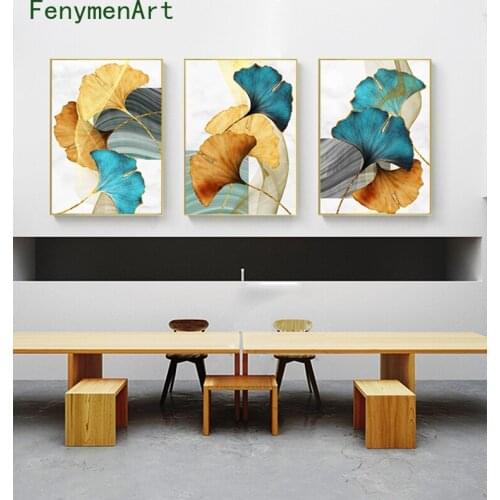 Golden blue Plant Leaf Canvas Painting Abstract Poster Nordic Wall Art Painting Modern Picture Living Room Decoration
