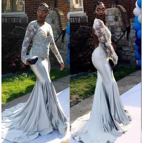 2020 New New Sexy Mermaid Evening Dresses Deep V-Neck Long Sleeves Lace Appliques Satin South African Backless