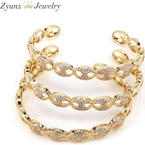 3PCS, Luxury Crystal CZ Pave Gold-Color Cuff Bangles For Women Girls Trendy Coffee Bean Bangles Bracelet Punk Jewelry