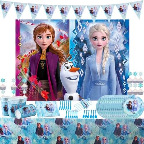 73pcs Disney Frozen Anna Elsa Party Supplies Disposable Tableware Set Banner Backdrop Tablecover Cup Plate Napkins Kid Girl Gift