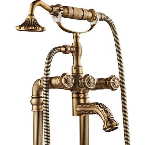 Antique Brass Bathtub Faucet Floor Stand Shower Mixer Tap Exquisite Carved bathtub