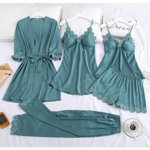 Kimono Robe Set Green Sexy Lace Nightwear Satin Intimate Lingerie Women Sleepwear Bathrobe Gown Autumn New Sleep Set Homewear