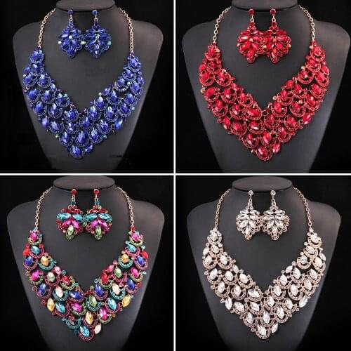 African Women Bridal Statement Jewelry Sets Wedding Necklace Earring Choker Crystal Party Bib Collar Costume Accessories Luxury