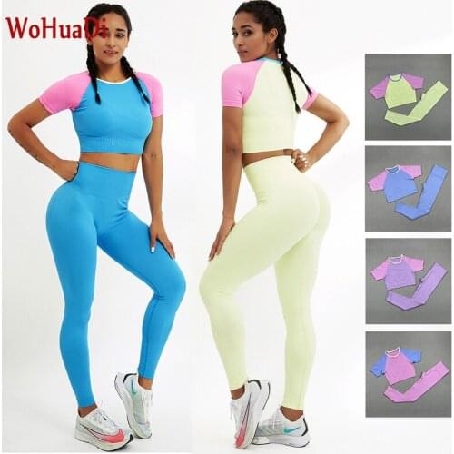 WOHUADI Mixed Colors Women Clothing Sport T-Shirt Set Gym Fitness Workout Sexy Female Yoga Sportswear High Waist Leggings