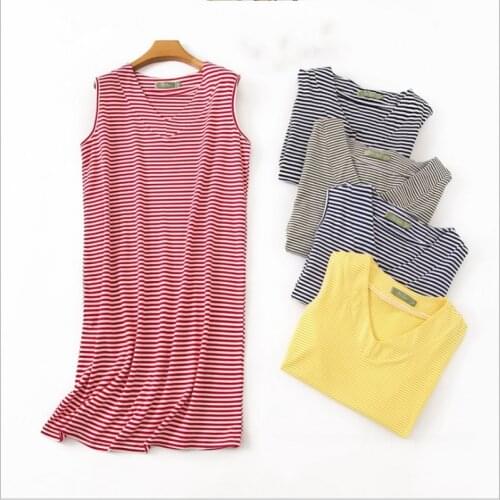 2021 Summer Plus size Female Casual Striped nightdress Ladies 100% Cotton Nightgown Women Sleeveless V-neck collar sleepshirt