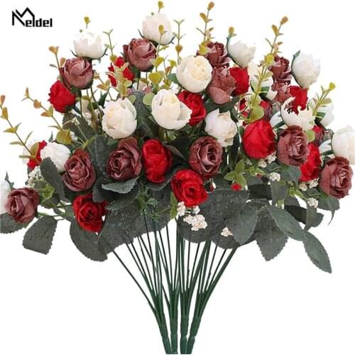 Meldel Retro Rose Artificial Silk Flower 7 Forks 21 Heads Small bouquet flores DIY Bridal Bouquet Flowers Wedding Decoration