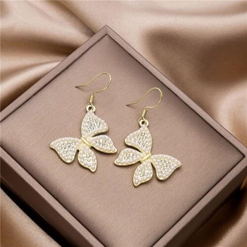 Fashion Butterfly Pearl Drop Earrings Vintage Jewelry Modern Party Wedding Bridal Accessories Trendy Crystal Dangle Earrings