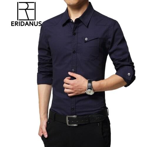 2017 New Arrival Military uniform Style Men Shirts Oxford Cotton long-sleeved Slim Fit Pure Color Casual Mens Dress Shirts M490