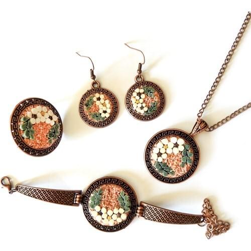 Giftome Politea Series Natural Handmade Mosaic Stone Necklace Ring Earrings Bracelet Set