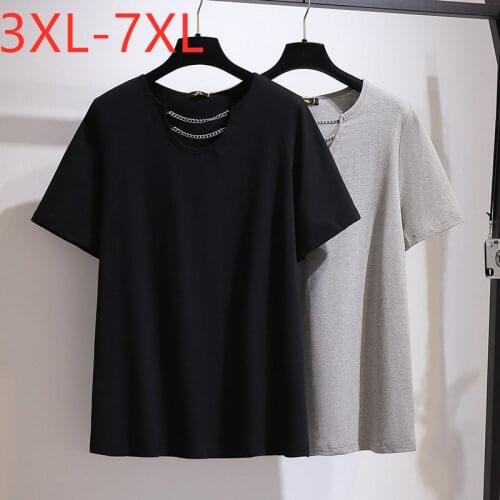 New 2021 Ladies Summer Plus Size Tops For Women Large Short Sleeve Loose Cotton Black Chain O-neck T-shirt 3XL 4XL 5XL 6XL 7XL