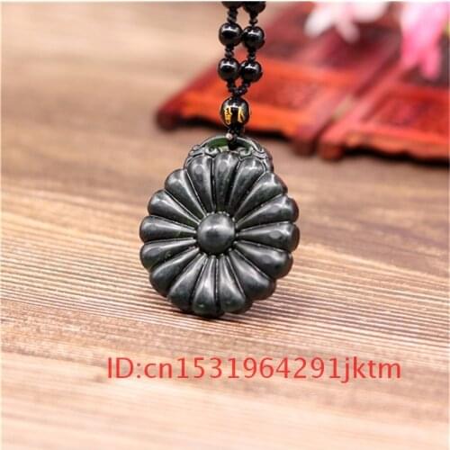 Necklace Jewelry Black Accessories Men Amulet Sun Obsidian Carved for Pendant Charm Jade Flower Natural Chinese Green Gifts