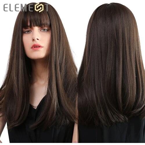 Element 18" Long Straight Synthetic Wig with Bangs Dark Brown Color Natural Headline Heat Resistant Wigs for White/Black Women