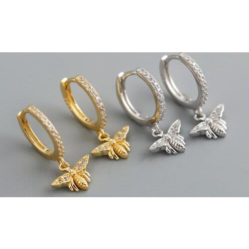 Enosola New Genuine 925 Sterling Silver Pave Zircon Bee Pendant Hoop Earrings for Women Bohemian Luxury Chic Insect Jewelry Gift