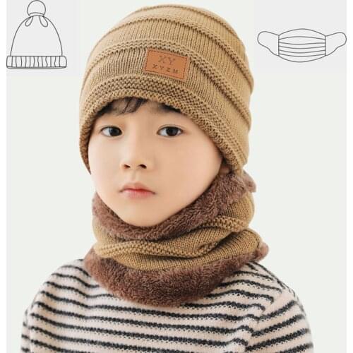 2pcs/set Knitted Scarf Hats Kids Turban Beanie Cotton Wool Fur Caps Children Girls Boys Elastic Autumn Winter Soft Warm Hat