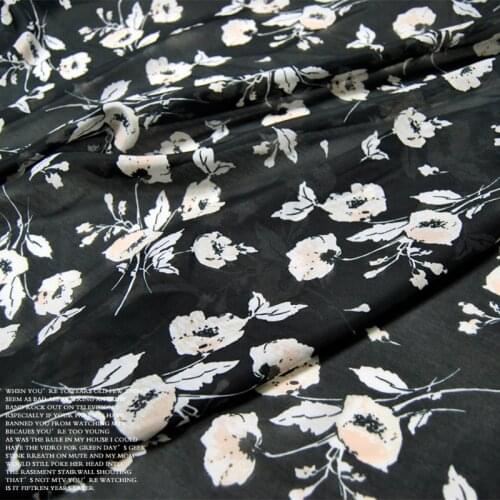 LEO&LIN Black Background Beige Flower Large Wide Silk Cotton Silk Clothing Cloth Fabric DIY Sewing Patchwork
