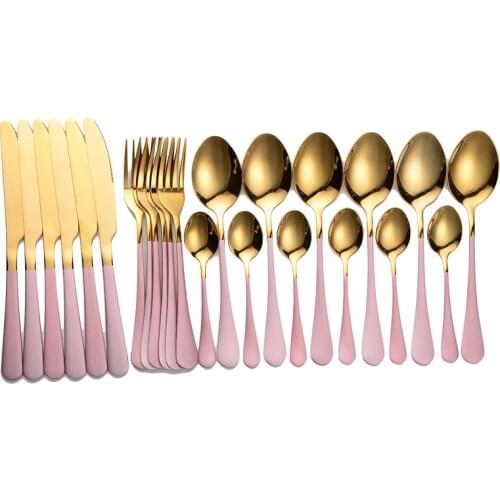 24PCS Pink Gold Stainless Steel Cutlery Fork Steak Knife Dinner Spoon Black Gold Kitchen Sets White Gold Drop Shipping