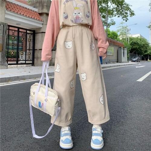 Japanese Kawaii Soft Girl Cute Bear Printing Women Pants Basis Wild High Waist Loose Trousers Elastic Waist Casual Student Pant