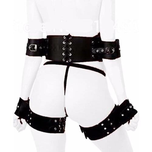 Women Studded Faux Leather Waist Cincher Corset with Thigh to Arm Restraints Fetish Wear Prisoner Sex Bondage Gear
