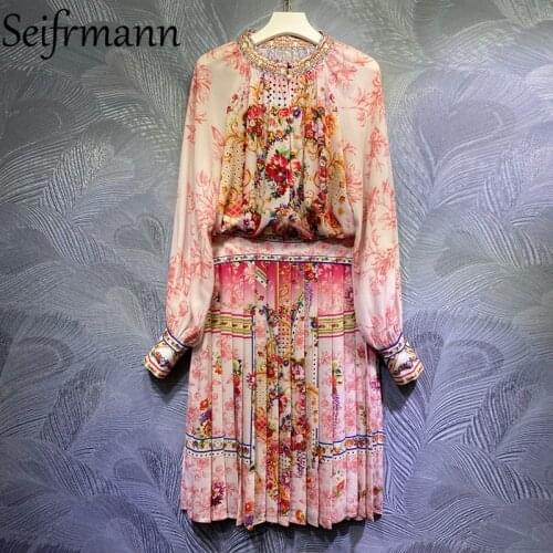 Seifrmann New 2021 Summer Women Fashion Runway Skirts Set Lantern Sleeve Loose Printed Blouses + High Waist Long Skirts Suits