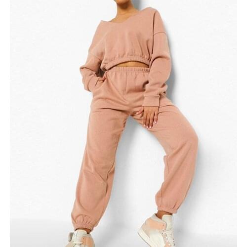 Women Casual Solid Two Piece Sets Fashion Long Sleeve V Neck Cropped Sweatshirts And Elastic Pants Suits Female Loose Tracksuits