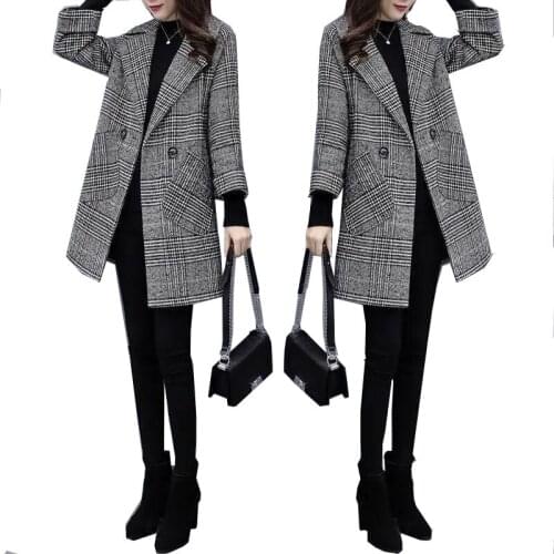 Trench Womens Plaid Woolen Coat Womens Mid-Length Loose 2021 Autumn Winter New Fashion Temperament Wool Coat Femme Outwear B4