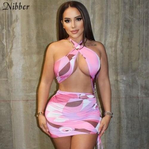 Nibber Vintage Colorful Printing Dresses For Women 2021 Summer Sexy Hollow Out Backless Bodycon Mini Dress Female Beach Clubwear