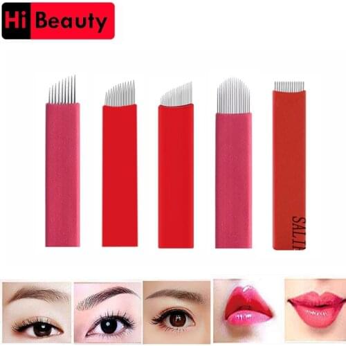 100PCS/lot Red 9 12 14 18 21 Pin Flat Slant Microblading Tattoo Needles Blade Cartridges For Permanent Eyebrow Makeup Manual Pen