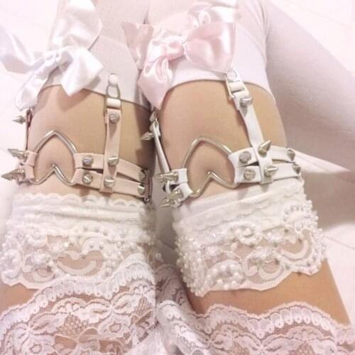 2pcs Punk Gothic Leather Suspenders Socks Belt Sexy Harajuku Leg Ring Thigh Stockings Elastic Heart Rivet Garter Belts
