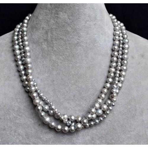 3 Strands Gray Color AA 5-9MM Real Freshwater Pearl Necklace Triple Strand Pearl Jewellery Handmade Woman 's Pearl Jewelry