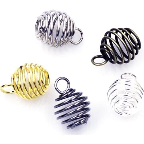 50 Lantern Spring Spiral Bead Cages Pendants Silver Gold Bronze Gunmetal Color Alloy For Necklace Jewelry DIY Finding Charms 9mm