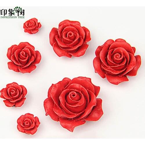 10/13/15/20/24/28/34mm 3D Red Rose Flower Flat Bottom With Hole Cinnabar Flower Beads Crafts Decoration DIY Jewelry Making 600