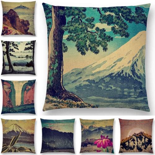 Hot Sale Japanese Style Landscape Painting Four Seasons Nature Scenery Fuji Mountains Trees Rivers Sea Cushion Cover Pillow Case