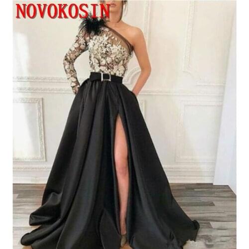 2019 One Shoulder Black Satin A Line Evening Gown Long Sleeve Appliques Front Split Long Prom Dresses For Special Occasion Wear