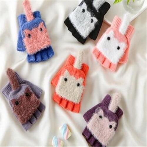Childrens imitation cashmere knitting warm winter cover half gloves cute cartoon flowers students write gloves ST-054