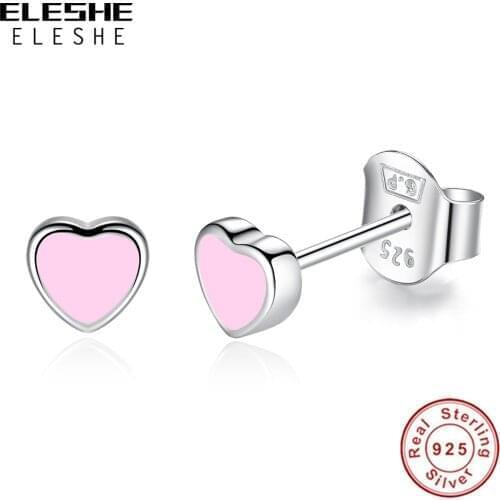ELESHE Wholesale Trendy Authentic 925 Sterling Silver with Pink Enamel Heart Stud Earrings For Women Girls Party Jewelry Gift