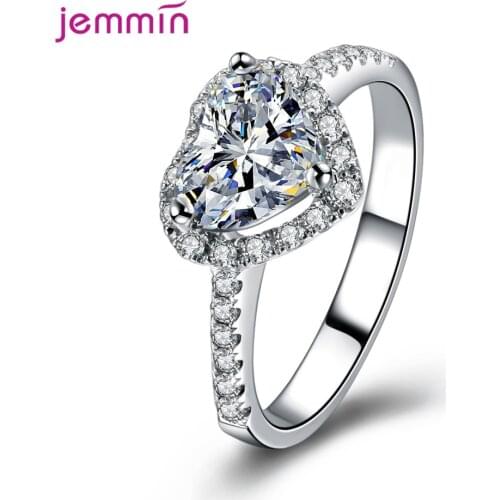Sweet Design Genuine 925 Sterling Silver Rings With Heart Shape Crystal New Trendy Women Bright Crystal Rings For Wedding Dating