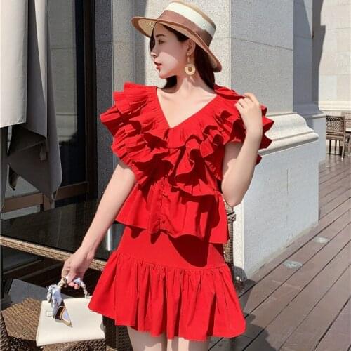 Menahem 2021 Summer Two Piece Set Women Solid Red Patchwork Ruffles Ruched V Neck Button Shirt Top + Bodycon Mini Skirt Suit