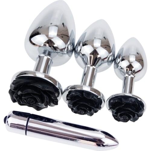 Metal Anal Plug Men Black Rose Flower Base Smooth Butt Beads Anus Dilator Massager Couple Flirt Anal Sex Toys