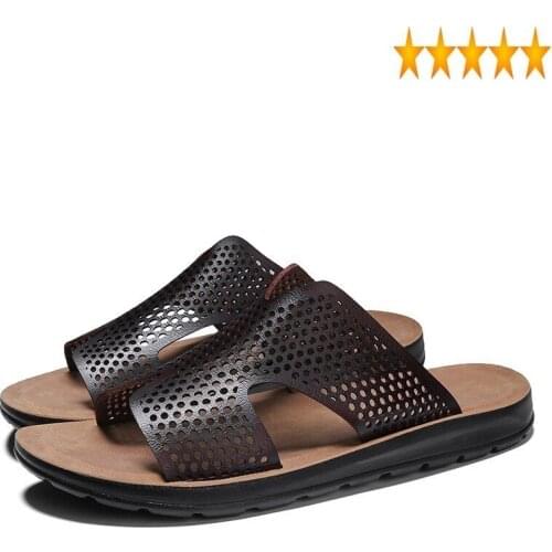 Hollow Men Out Summer Beach Sandals Outdoor Breathable Leather Flip Flops Shoes Non-slide Male Slippers