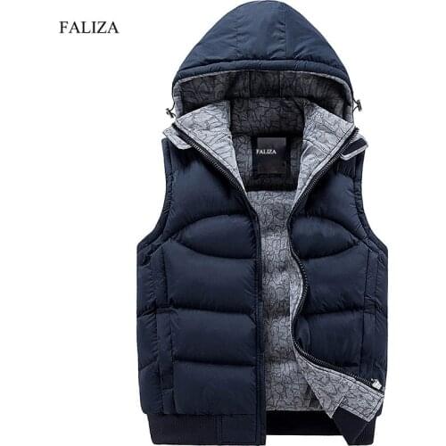 FALIZA New Stylish Autumn Winter Vest Men High Quality Hood Warm Fashion Sleeveless Jacket Thick Waistcoat Male Windbreak MJ-C