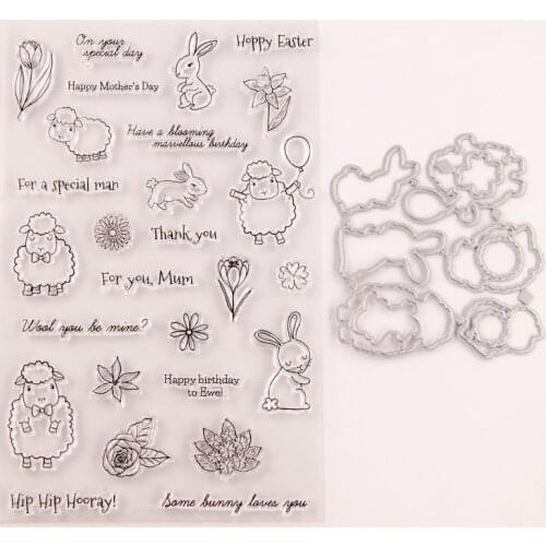 Cutting Dies and Clear Stamps set for DIY Scrapbooking Crafts Cards Making T1650 Easter Sheep Rabbit