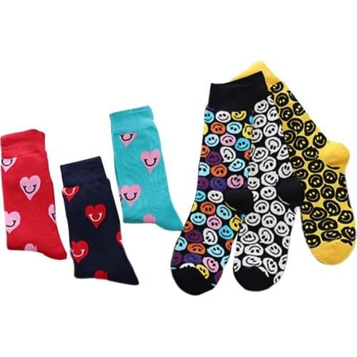 New Wholesale Popular Colorful Cartoon Smile Socks Men Tube Cotton Crew Socks