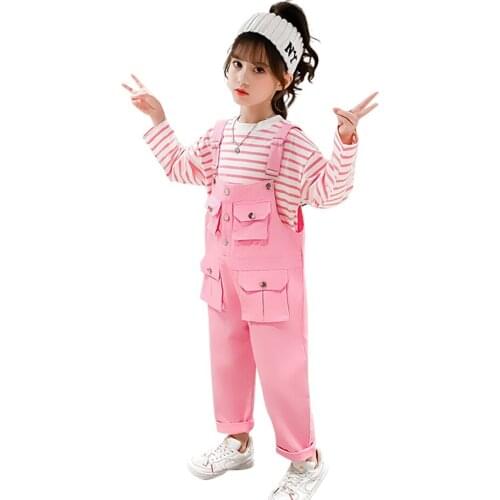 Girls Clothes Striped Tshirt + Jumpsuit Girls Clothing Pockets Kids Girl Clothes Set Casual Style Kids Clothing Spring Autumn