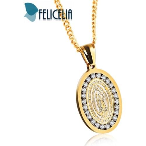 Felicelia Silver/ Gold Tone Stainless Steel Cubic Zirconia Our Lady of Guadalupe Virgin Mary Oval Medal Necklace For Men Women