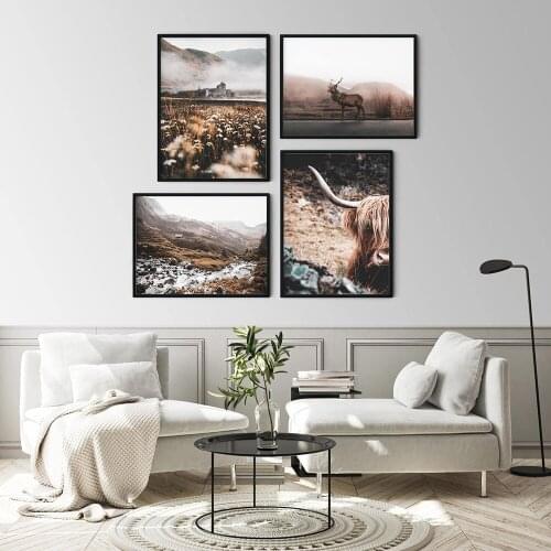 Nature Lake Landscape Canvas Print Scandinavian Poster Nordic Style Animal Highland Cow Wall Art Painting Picture Home Decoratio