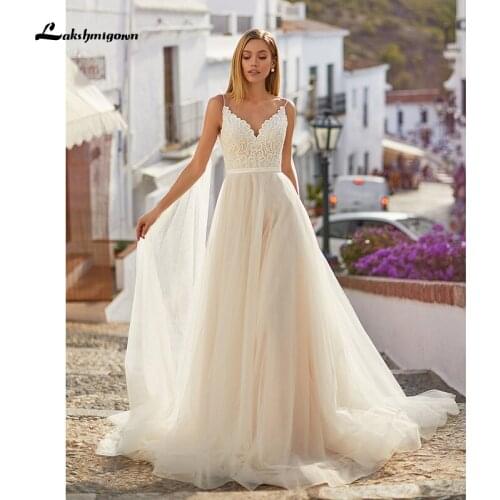 Champagne Boho Wedding Dresses 2021 with Cape A Line Spaghetti Straps Appliques Beach Bridal Gowns Vestido De Noiva Sweep Train